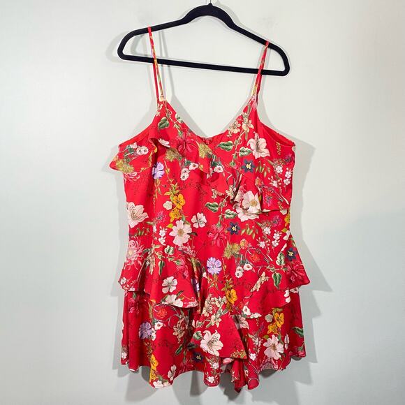 Parker Women's Red Flowers & Birds Prints Ruffle Mini Dress Size L - Picture 1 of 6